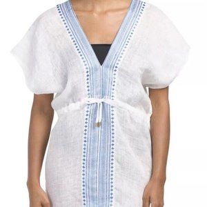 NWT Vitamin A Caftan Linen Swimwear Cover-up Large L White / Blue Embroidered